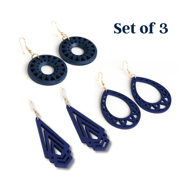 Navy Earrings- Set of 3 - Picture 2 of 4